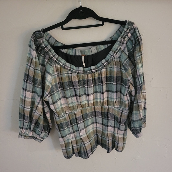 Free People Teagan Plaid Puff Sleeve Top in Teal Combo size Medium - Picture 3 of 8